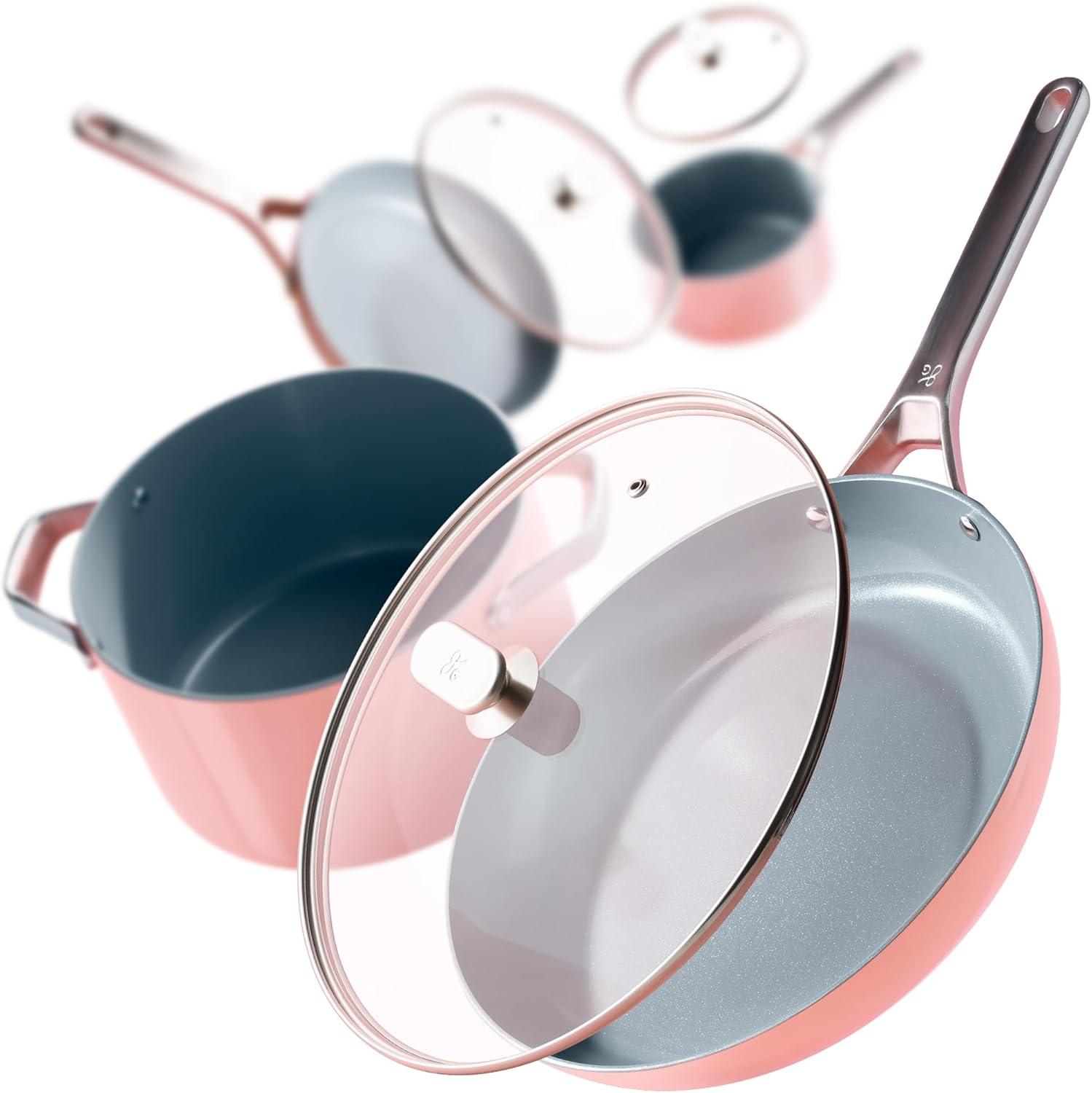 image:imageGreater Goods Savvy Ceramic Nonstick Cookware Set 10pc and Chef Knife Stainless Steel Pink Bundle