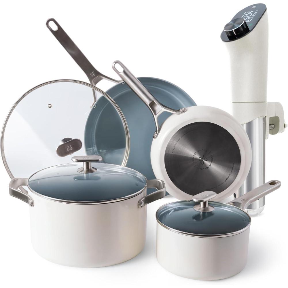 image:imageGreater Goods Savvy Ceramic Nonstick Cookware Set 10 Piece Kit and Sous Vide Machine Birch White