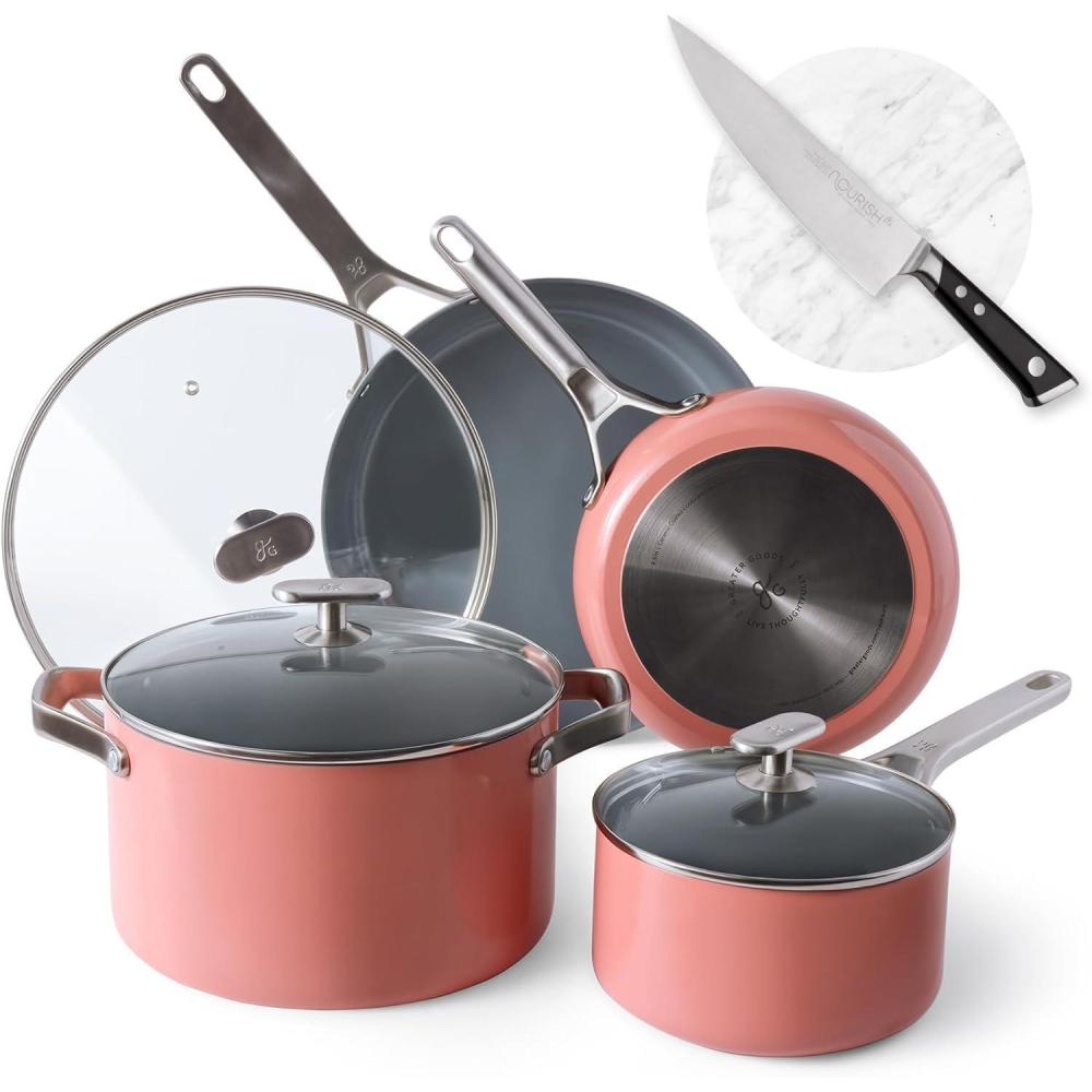 image:imageGreater Goods Savvy Ceramic Nonstick Cookware Set 10pc and Chef Knife Stainless Steel Pink Bundle
