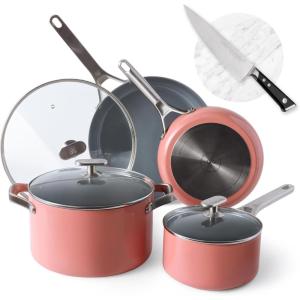 image:imageGreater Goods Savvy Ceramic Nonstick Cookware Set 10pc and Chef Knife Stainless Steel Pink Bundle