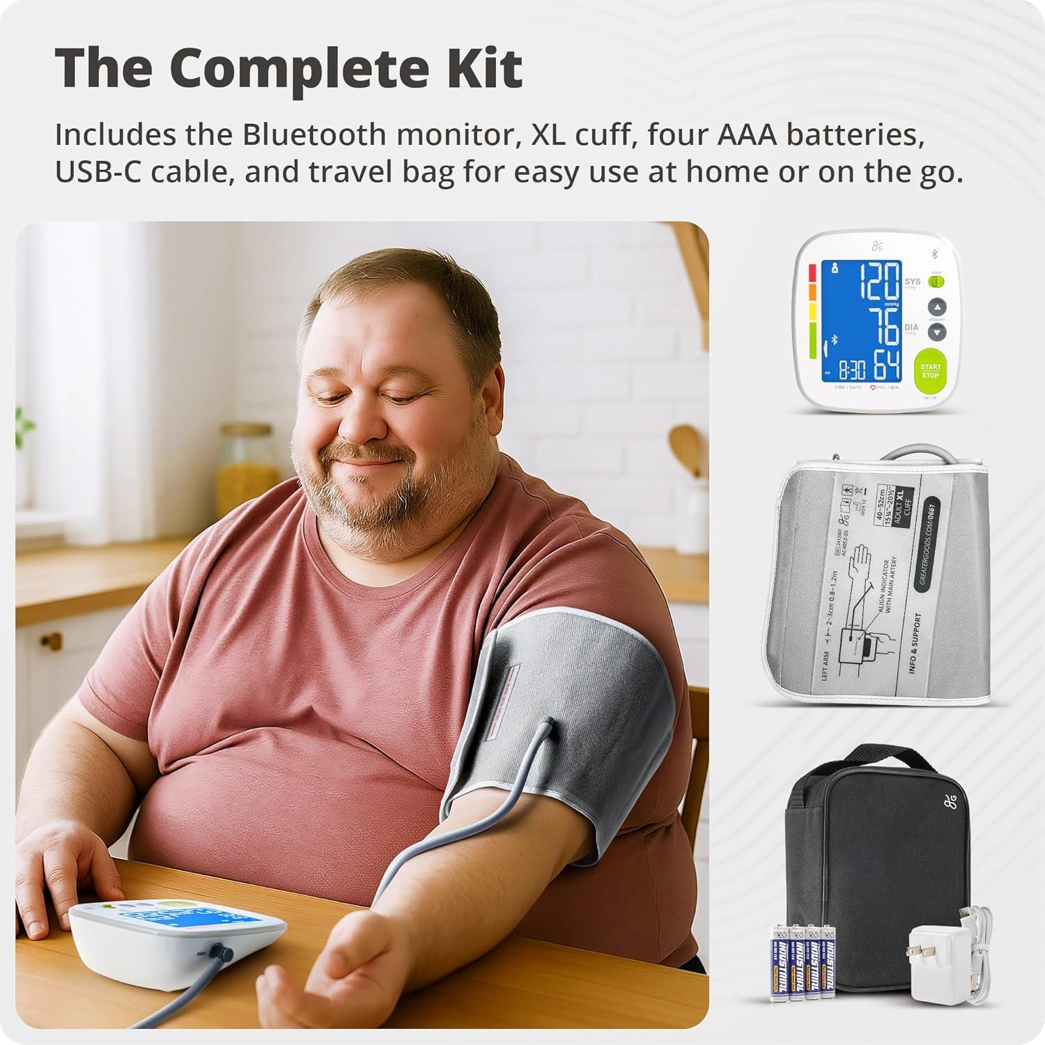 image:imageGreater Goods Bluetooth Blood Pressure Monitor with ExtraLarge Cuff 157205 Automatic Digital Upper Arm BP Monitor for Large Arms EasytoRead Backlit Display Complete Home KitExtraLarge Cuff 157205