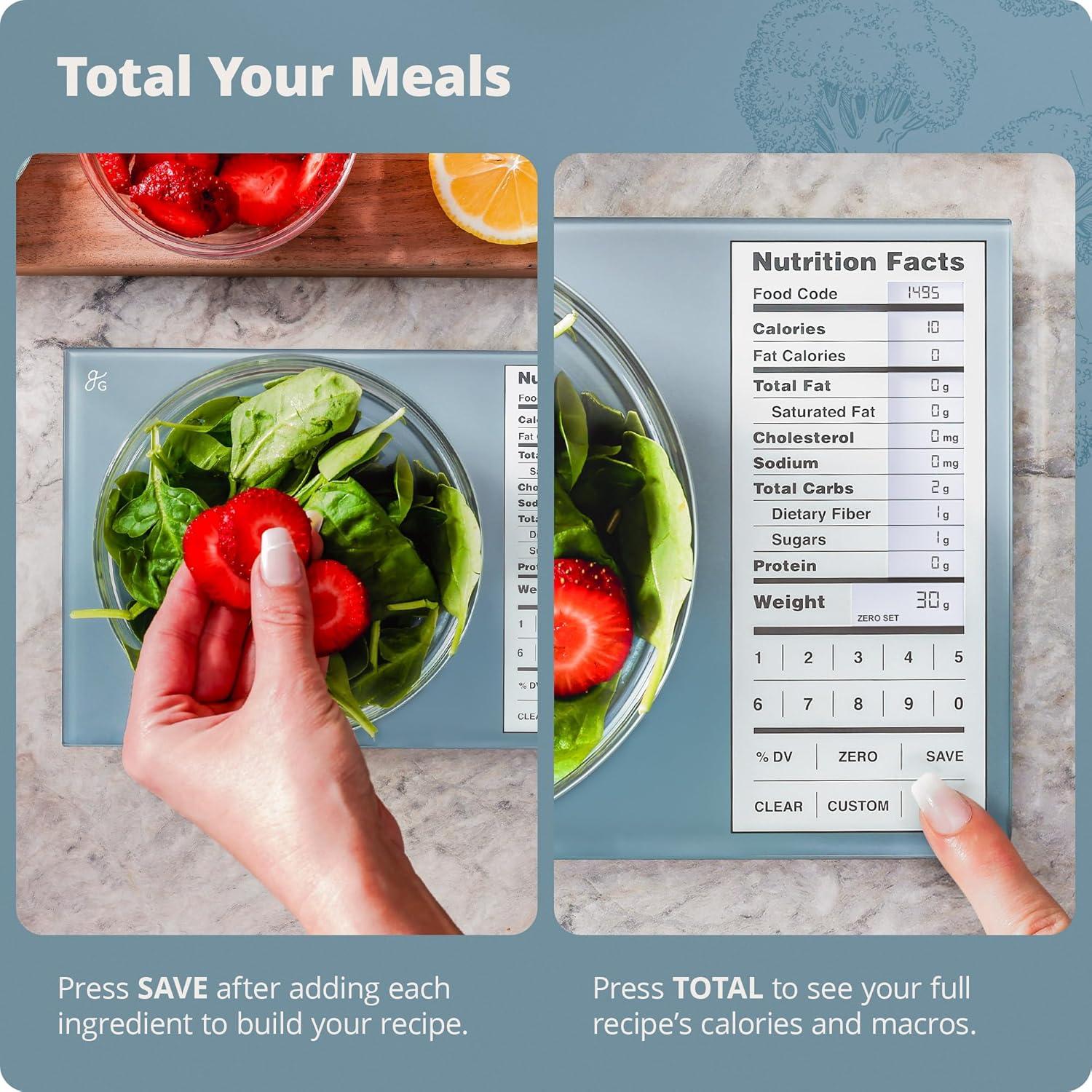 image:imageGreater Goods Food Scale with Nutrition Calculator Non Connected Calorie Scale for Meal Prep Weight Loss 2000 PreLoaded Food Codes Compact Kitchen Scale Battery Operated 11lb Capacity SilverStone Blue