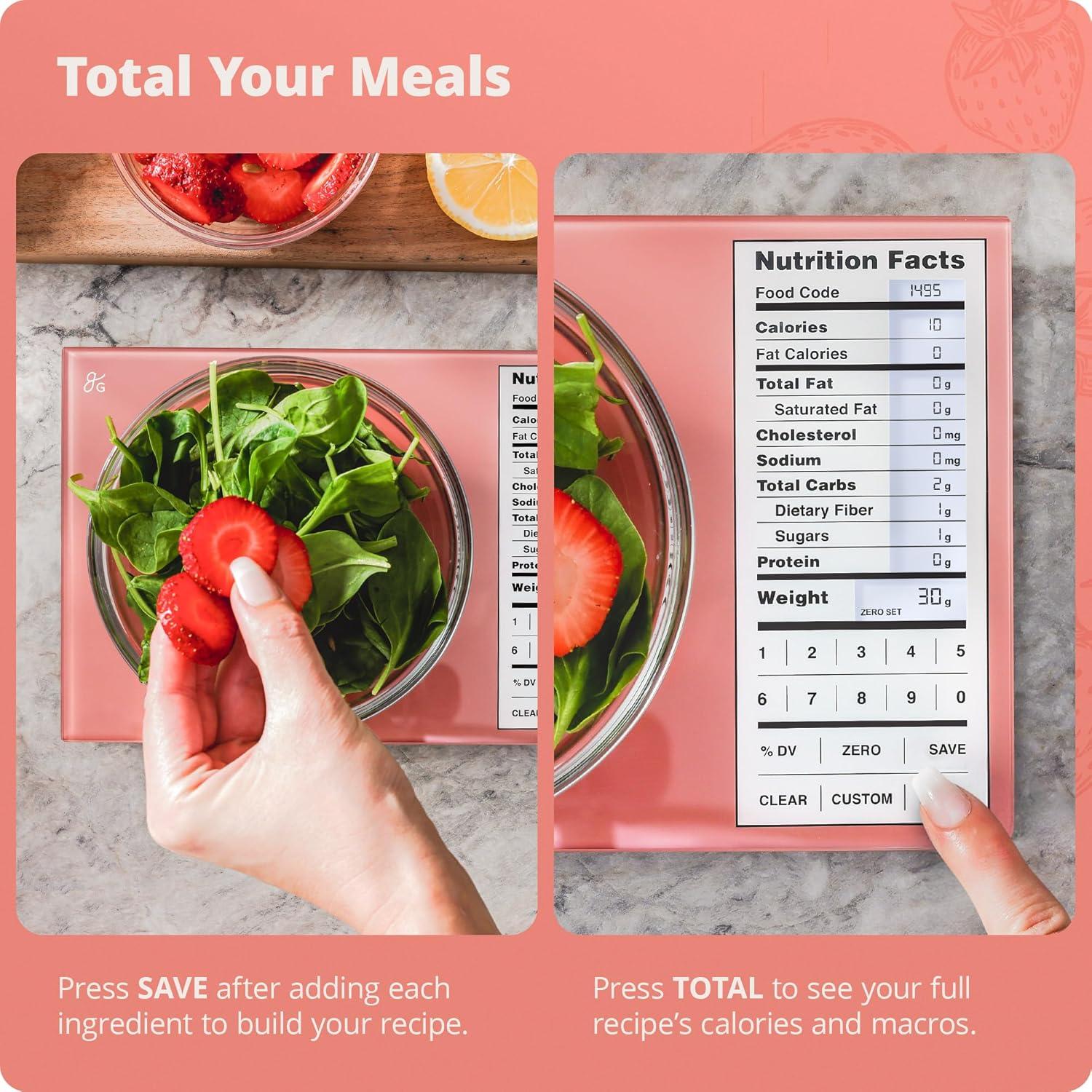 image:imageGreater Goods Food Scale with Nutrition Calculator Non Connected Calorie Scale for Meal Prep Weight Loss 2000 PreLoaded Food Codes Compact Kitchen Scale Battery Operated 11lb Capacity SilverCoral Pink