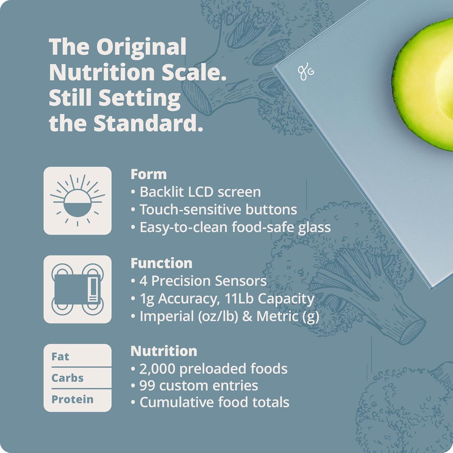 image:imageGreater Goods Food Scale with Nutrition Calculator Non Connected Calorie Scale for Meal Prep Weight Loss 2000 PreLoaded Food Codes Compact Kitchen Scale Battery Operated 11lb Capacity SilverStone Blue