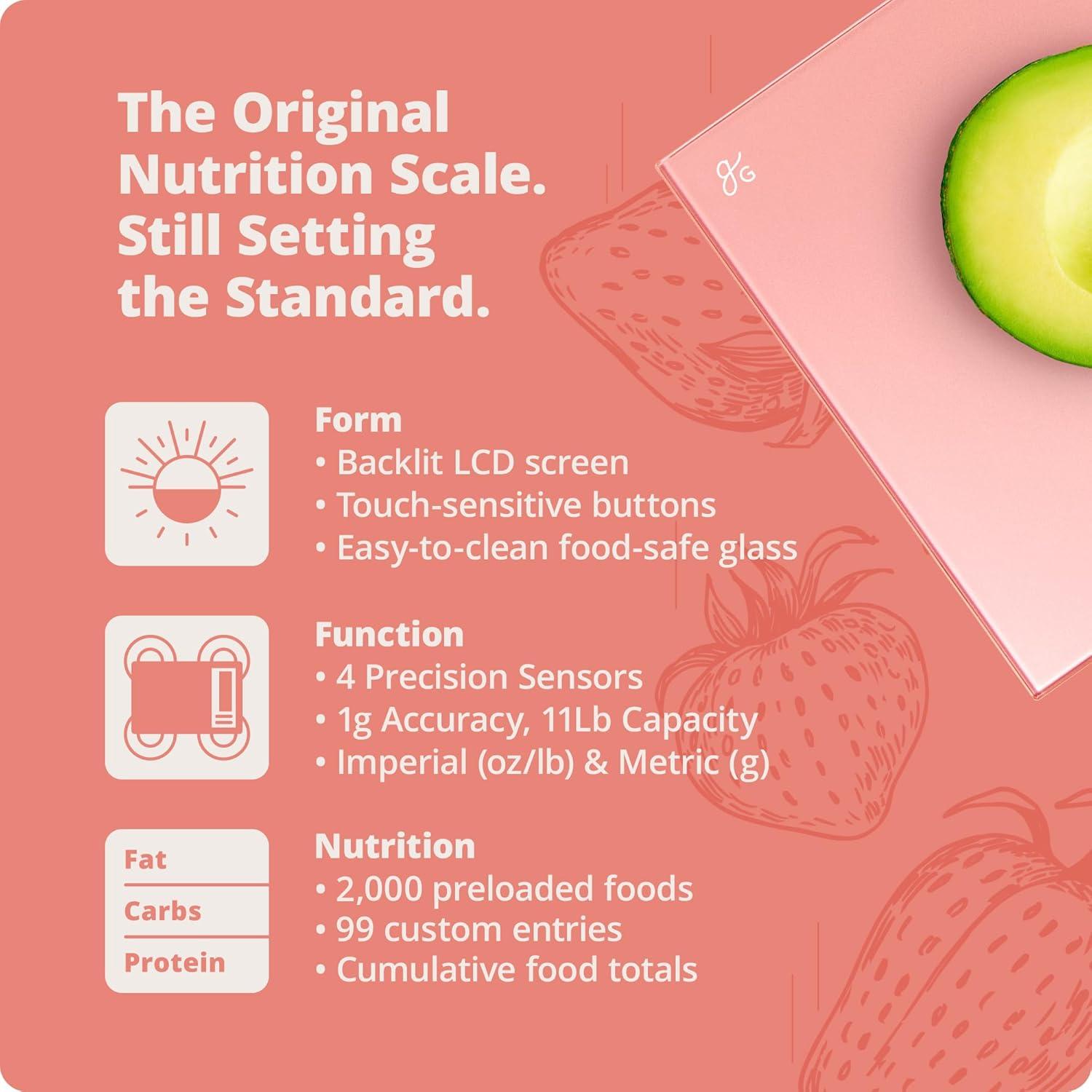 image:imageGreater Goods Food Scale with Nutrition Calculator Non Connected Calorie Scale for Meal Prep Weight Loss 2000 PreLoaded Food Codes Compact Kitchen Scale Battery Operated 11lb Capacity SilverCoral Pink