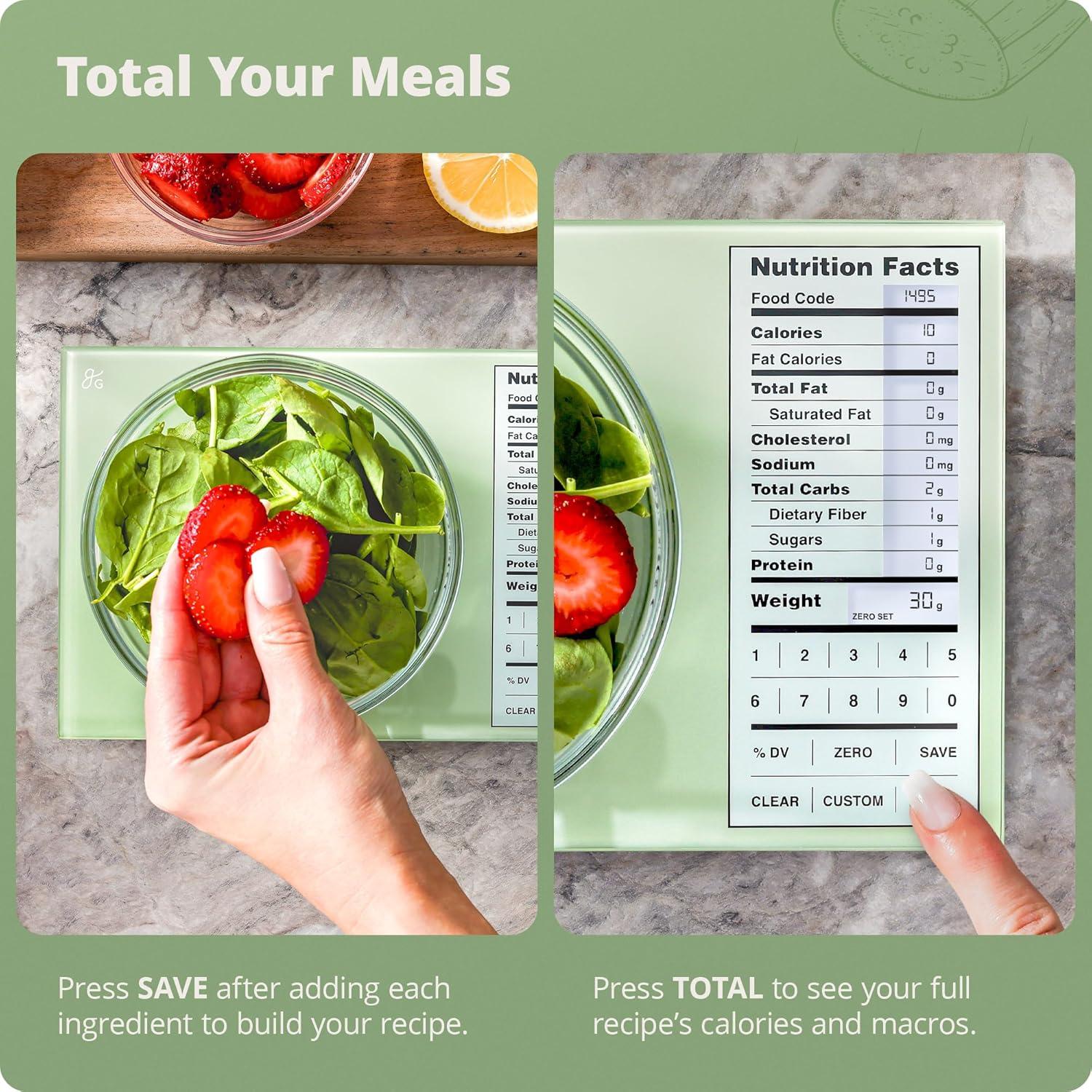 image:imageGreater Goods Food Scale with Nutrition Calculator Non Connected Calorie Scale for Meal Prep Weight Loss 2000 PreLoaded Food Codes Compact Kitchen Scale Battery Operated 11lb Capacity SilverSage Green