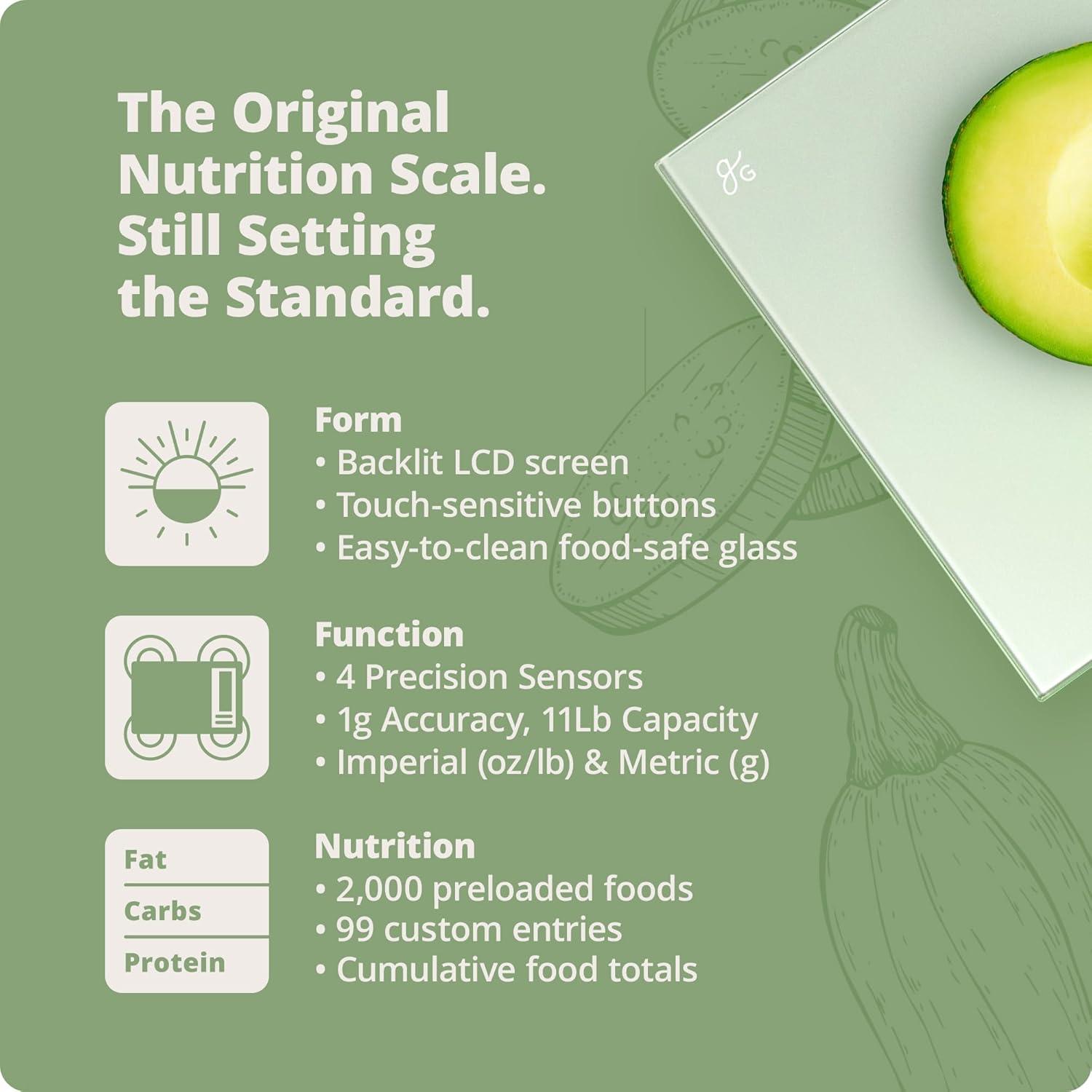 image:imageGreater Goods Food Scale with Nutrition Calculator Non Connected Calorie Scale for Meal Prep Weight Loss 2000 PreLoaded Food Codes Compact Kitchen Scale Battery Operated 11lb Capacity SilverSage Green