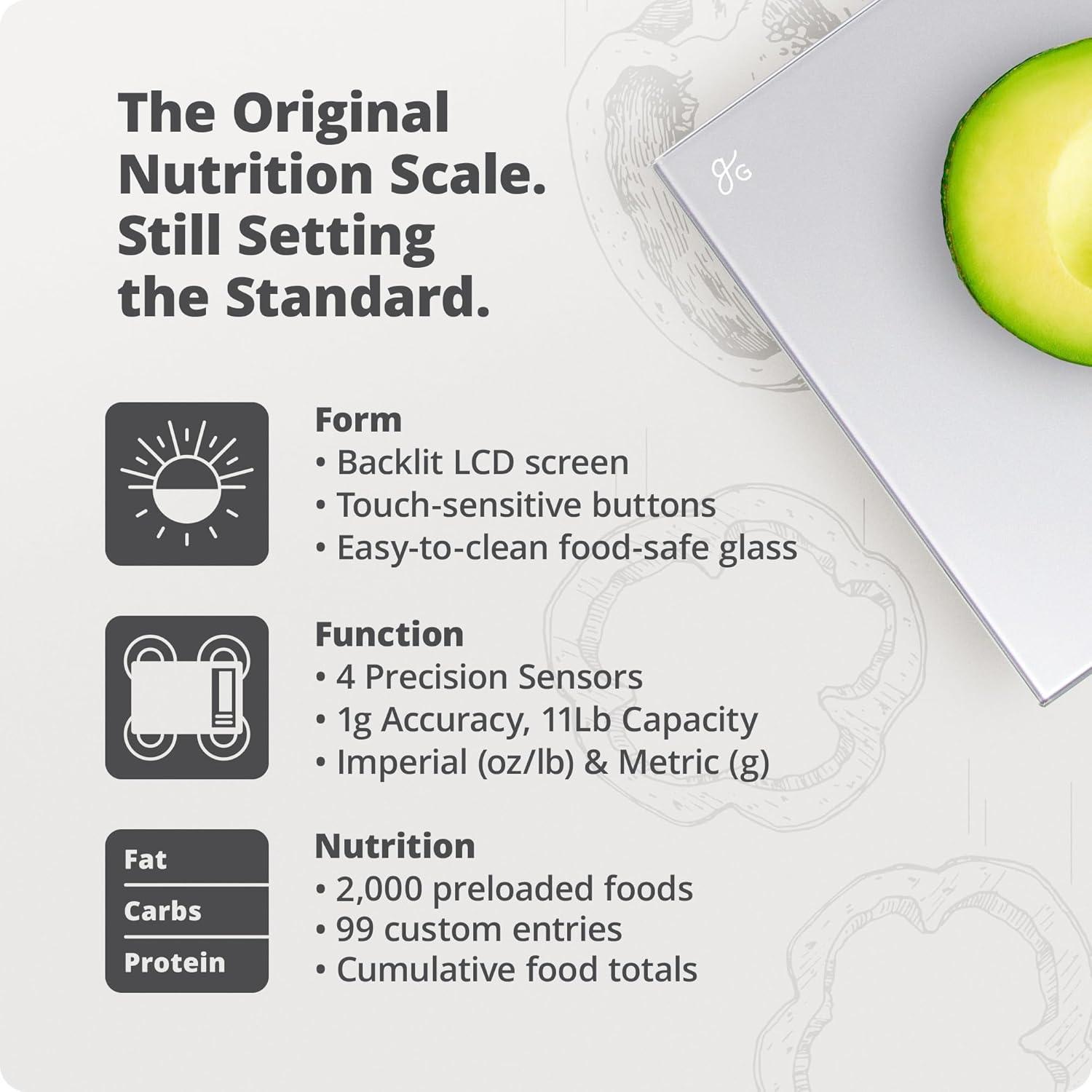 image:imageGreater Goods Food Scale with Nutrition Calculator Non Connected Calorie Scale for Meal Prep Weight Loss 2000 PreLoaded Food Codes Compact Kitchen Scale Battery Operated 11lb Capacity SilverPearl Gray