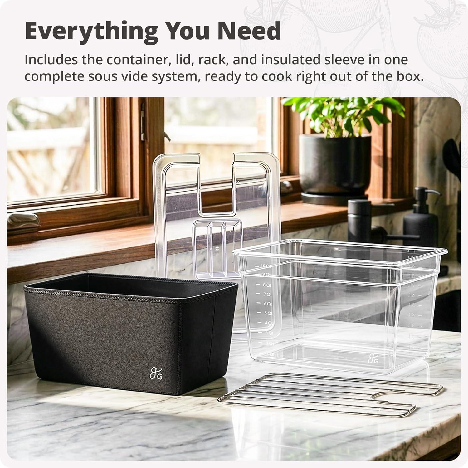 image:imageGreater Goods Sous Vide Container 12 Qt with Stainless Steel Rack Insulation Sleeve and Lid Onyx BlackClear Container with Onyx Black Sleeve