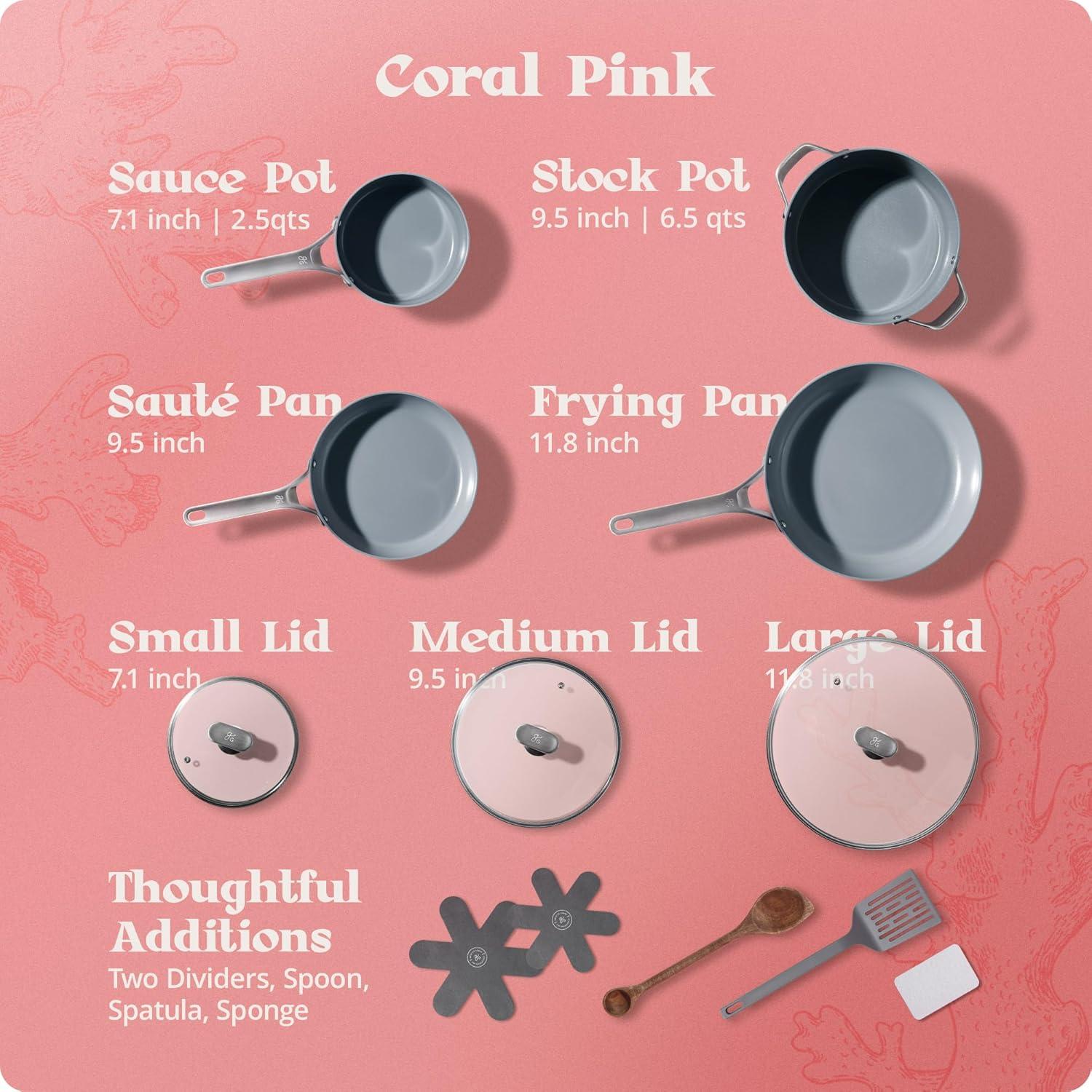 image:imagePremium NonToxic Ceramic Cookware Set TripleLayer Nonstick 12 Piece Pots and Pans with Lids PFASFree Oven Safe for Healthy Meals SpaceSaving Design Birch White Color Greater GoodsCoral Pink