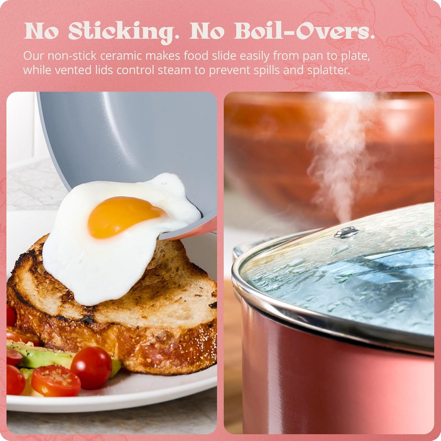 image:imagePremium NonToxic Ceramic Cookware Set TripleLayer Nonstick 12 Piece Pots and Pans with Lids PFASFree Oven Safe for Healthy Meals SpaceSaving Design Birch White Color Greater GoodsCoral Pink