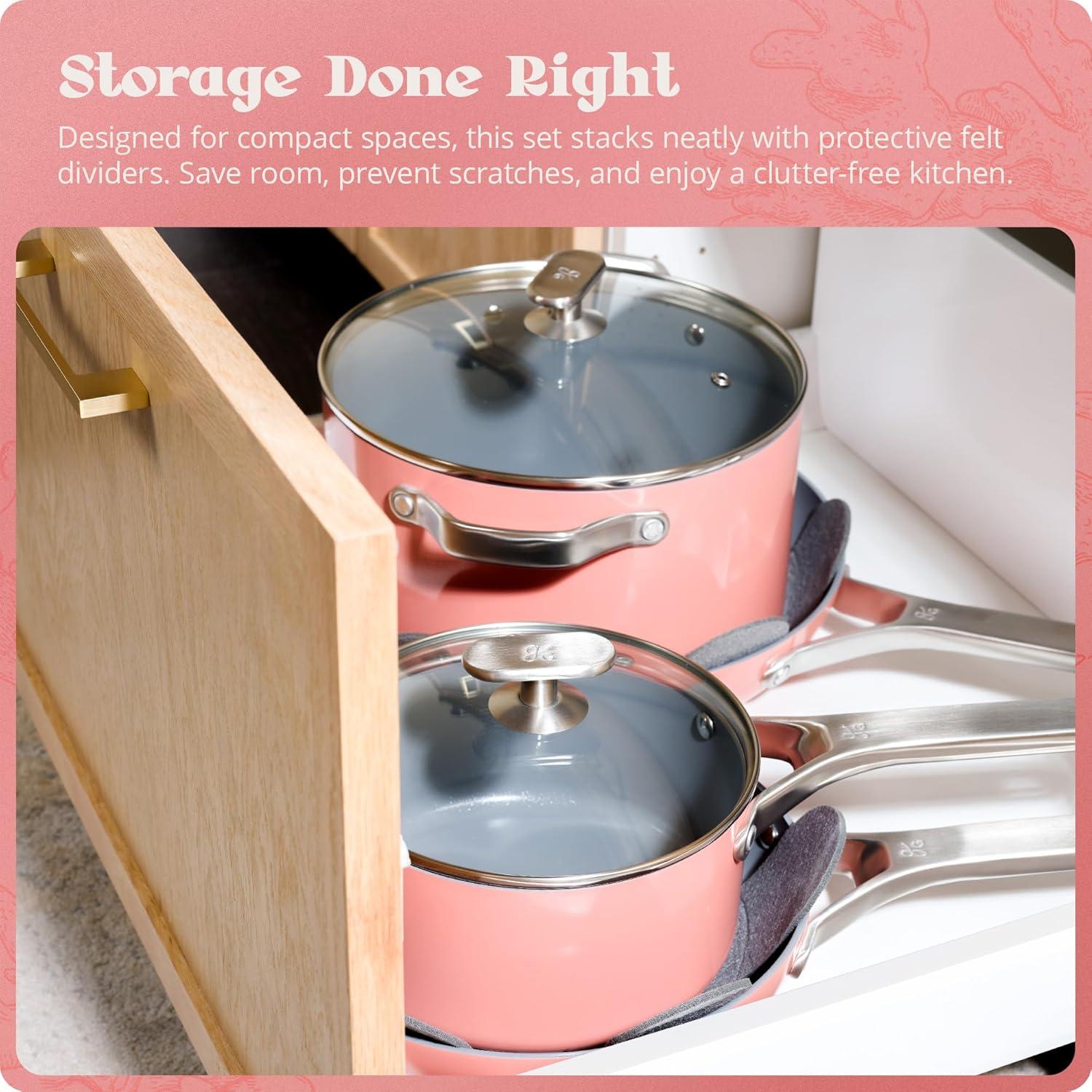 image:imagePremium NonToxic Ceramic Cookware Set TripleLayer Nonstick 12 Piece Pots and Pans with Lids PFASFree Oven Safe for Healthy Meals SpaceSaving Design Birch White Color Greater GoodsCoral Pink