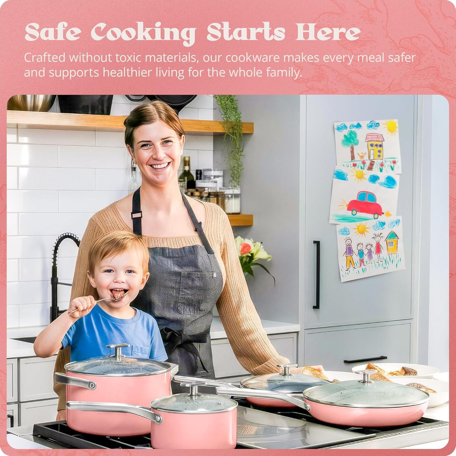 image:imagePremium NonToxic Ceramic Cookware Set TripleLayer Nonstick 12 Piece Pots and Pans with Lids PFASFree Oven Safe for Healthy Meals SpaceSaving Design Birch White Color Greater GoodsCoral Pink