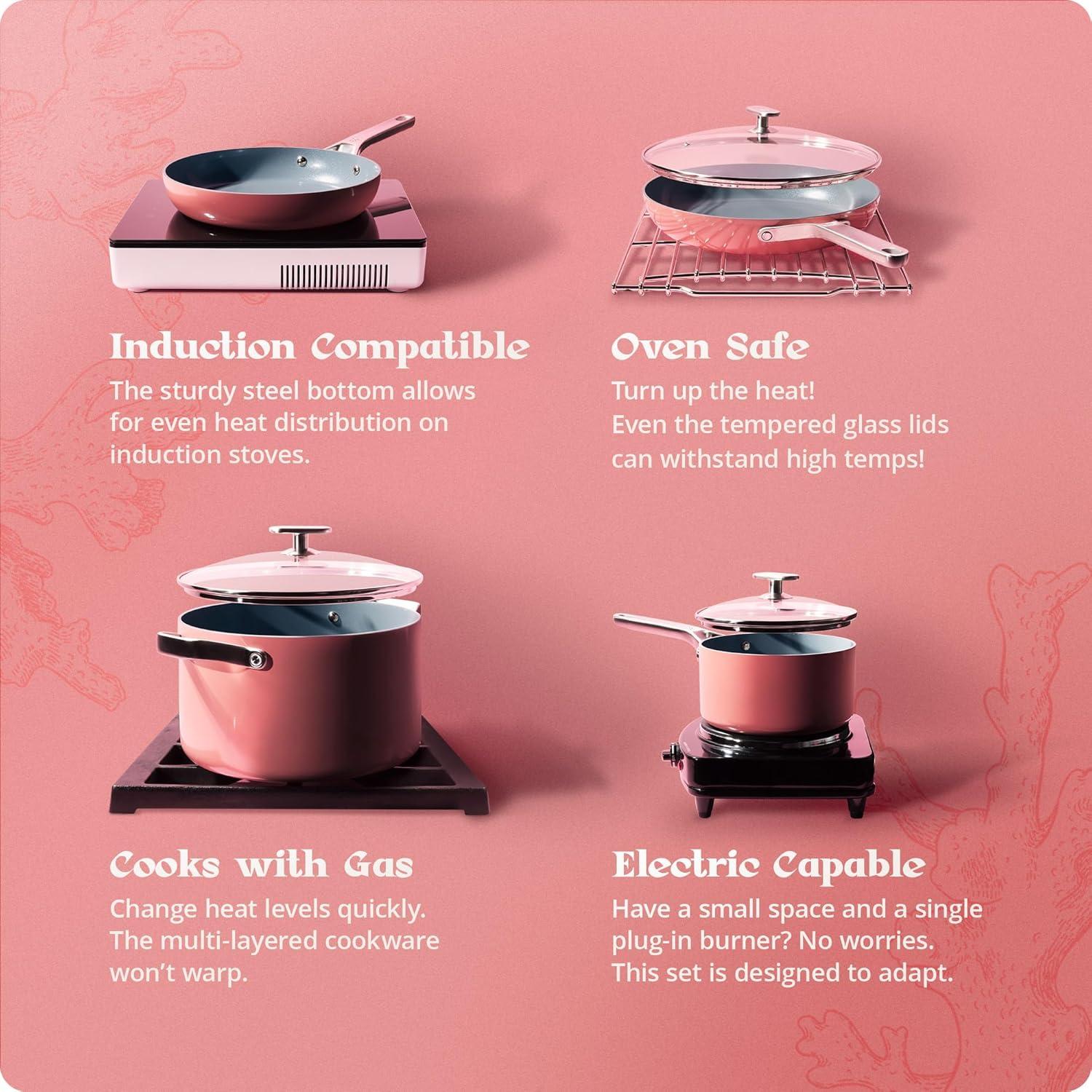 image:imagePremium NonToxic Ceramic Cookware Set TripleLayer Nonstick 12 Piece Pots and Pans with Lids PFASFree Oven Safe for Healthy Meals SpaceSaving Design Birch White Color Greater GoodsCoral Pink