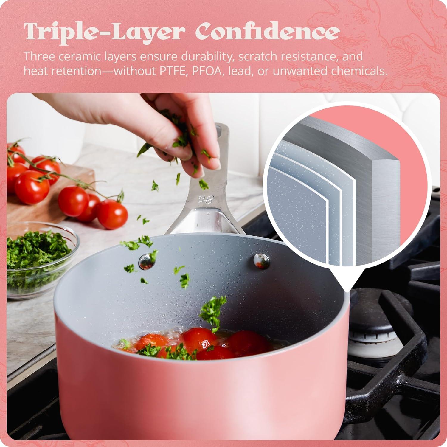 image:imagePremium NonToxic Ceramic Cookware Set TripleLayer Nonstick 12 Piece Pots and Pans with Lids PFASFree Oven Safe for Healthy Meals SpaceSaving Design Birch White Color Greater GoodsCoral Pink