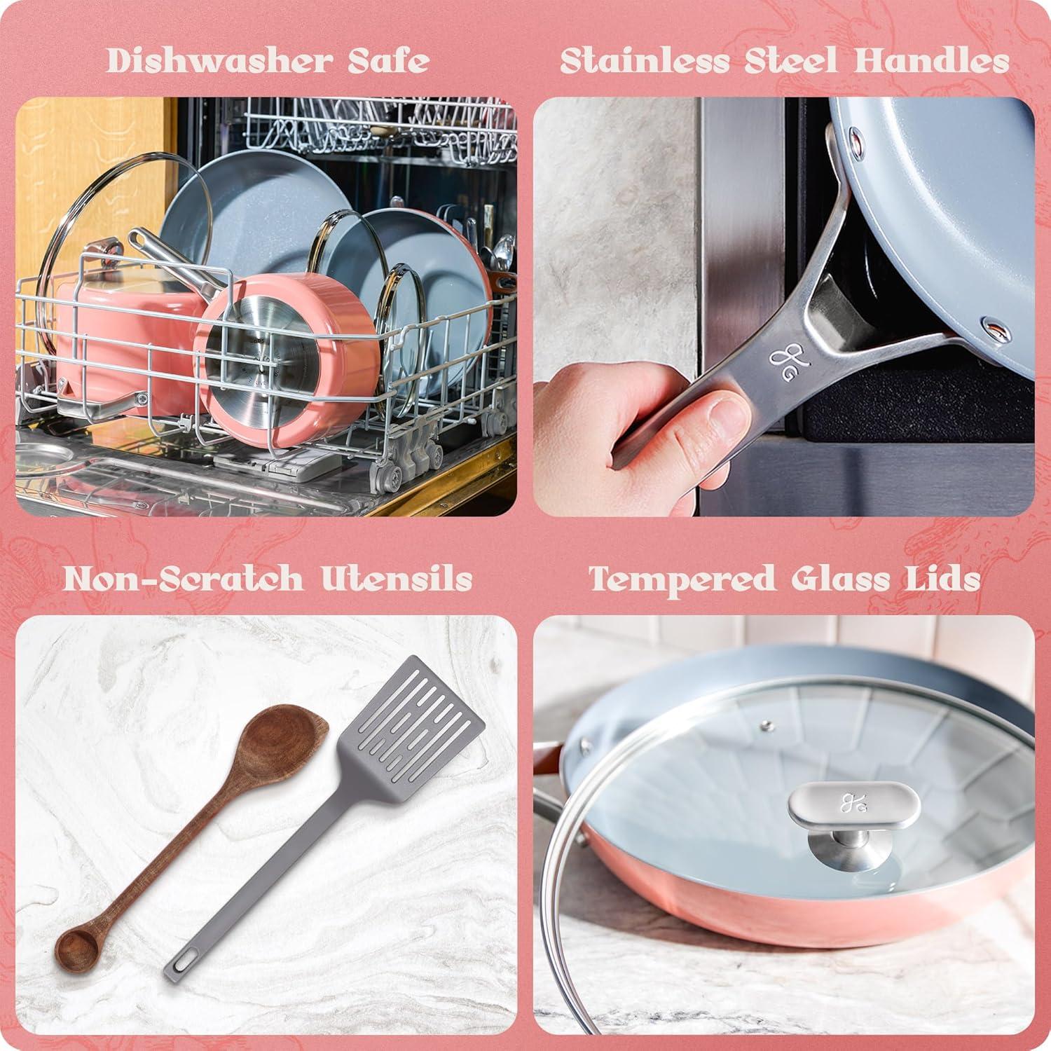 image:imagePremium NonToxic Ceramic Cookware Set TripleLayer Nonstick 12 Piece Pots and Pans with Lids PFASFree Oven Safe for Healthy Meals SpaceSaving Design Birch White Color Greater GoodsCoral Pink