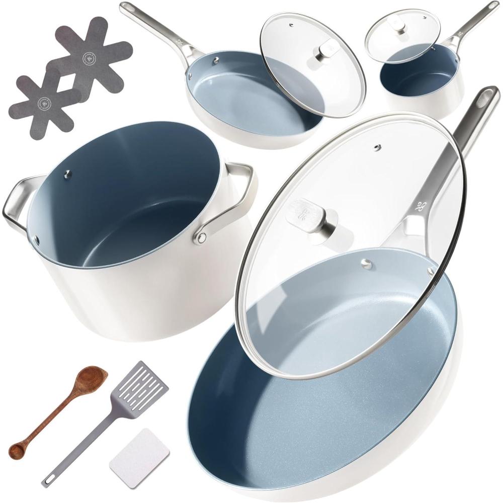 image:imagePremium NonToxic Ceramic Cookware Set TripleLayer Nonstick 12 Piece Pots and Pans with Lids PFASFree Oven Safe for Healthy Meals SpaceSaving Design Birch White Color Greater GoodsBirch White