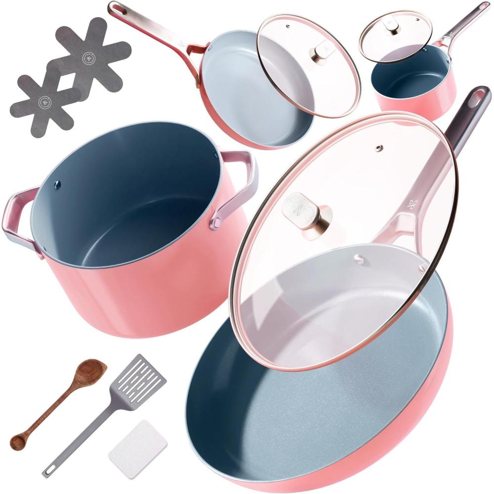 image:imagePremium NonToxic Ceramic Cookware Set TripleLayer Nonstick 12 Piece Pots and Pans with Lids PFASFree Oven Safe for Healthy Meals SpaceSaving Design Birch White Color Greater GoodsCoral Pink