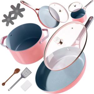 image:imagePremium NonToxic Ceramic Cookware Set  TripleLayer Nonstick 12 Piece Pots and Pans with Lids PFASFree Oven Safe for Healthy Meals SpaceSaving Design Birch White Color  Greater GoodsCoral Pink