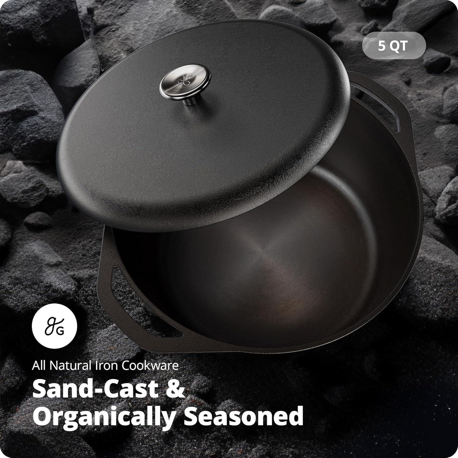 image:imageGreater Goods 5Quart Cast Iron Dutch Oven Pot with Lid Milled Smooth Cooking Surface Organically PreSeasoned with Flaxseed Oil HeavyDuty Cast Iron with Dual Handles for OventoTable Cooking