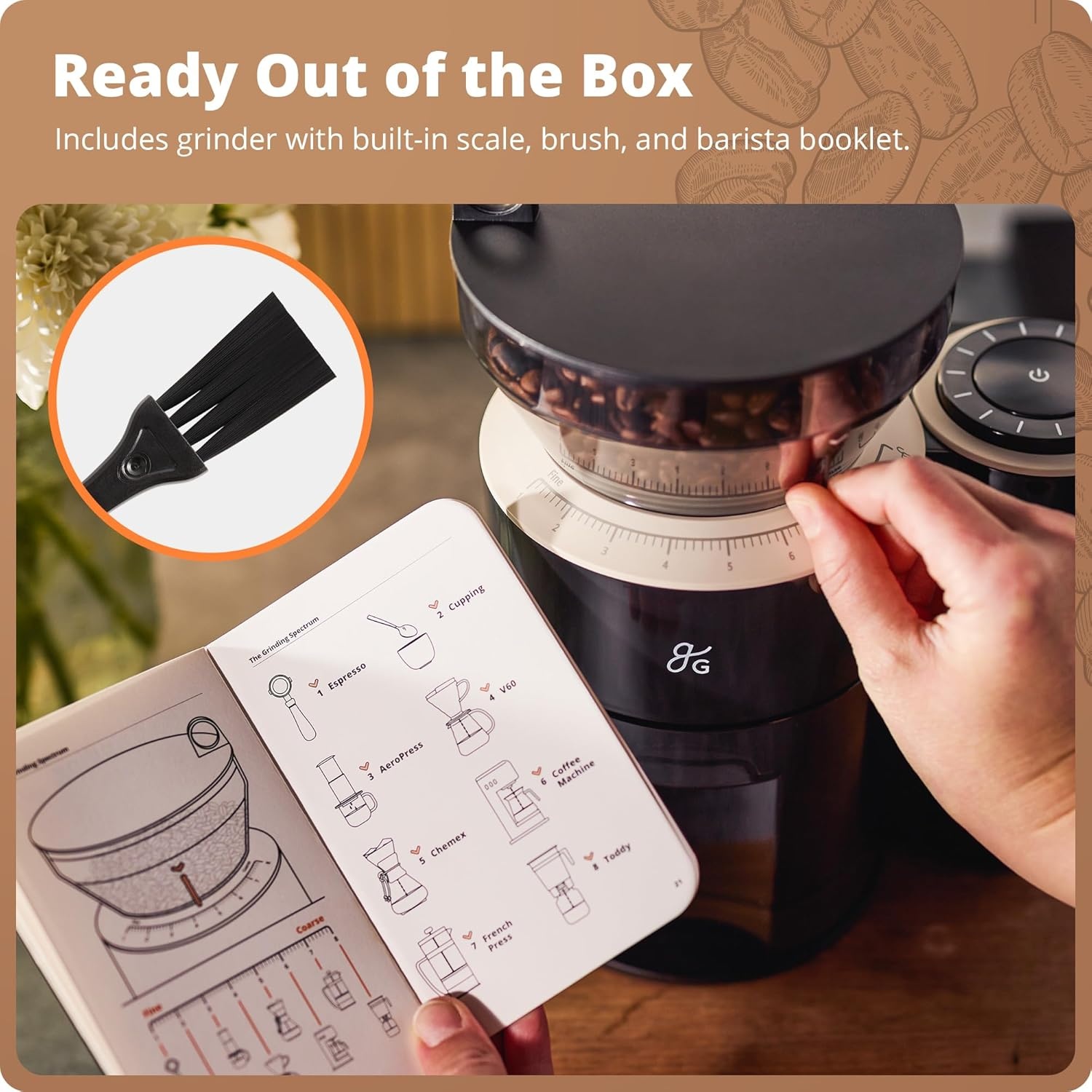 image:imageGreater Goods Coffee Grinder with Builtin Dosing Scale Conical Burr Grinder with 8 Grind Settings UVTinted 200g Hopper for Espresso Pour Over French Press amp Cold Brew Onyx Black