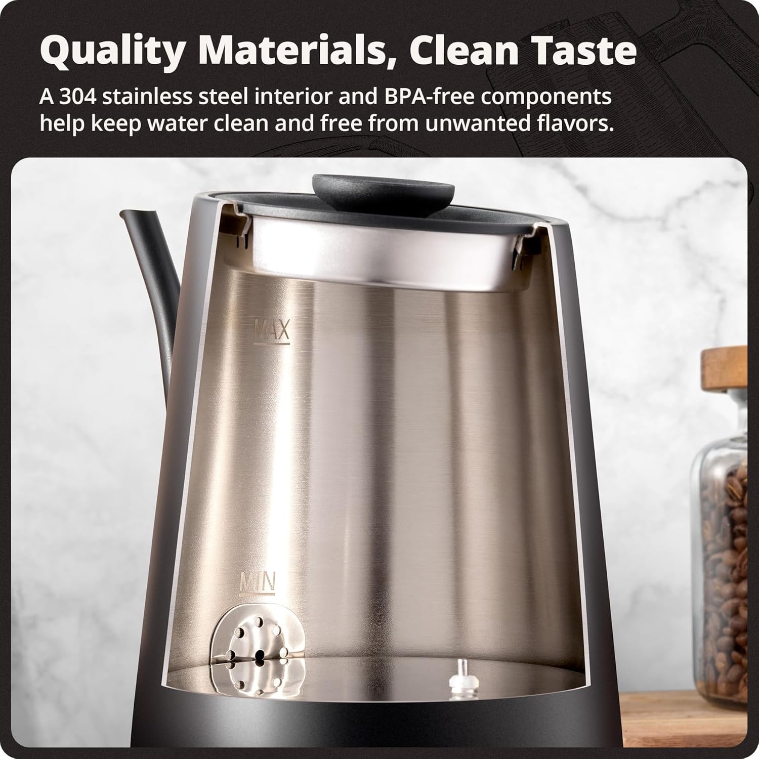 image:imageGreater Goods Electric Gooseneck Kettle 1200W Stainless Steel with Precision Temperature Control Fast Boil BPAFree Ideal for Pour Over Coffee and Tea 08L BirchOnyx Black