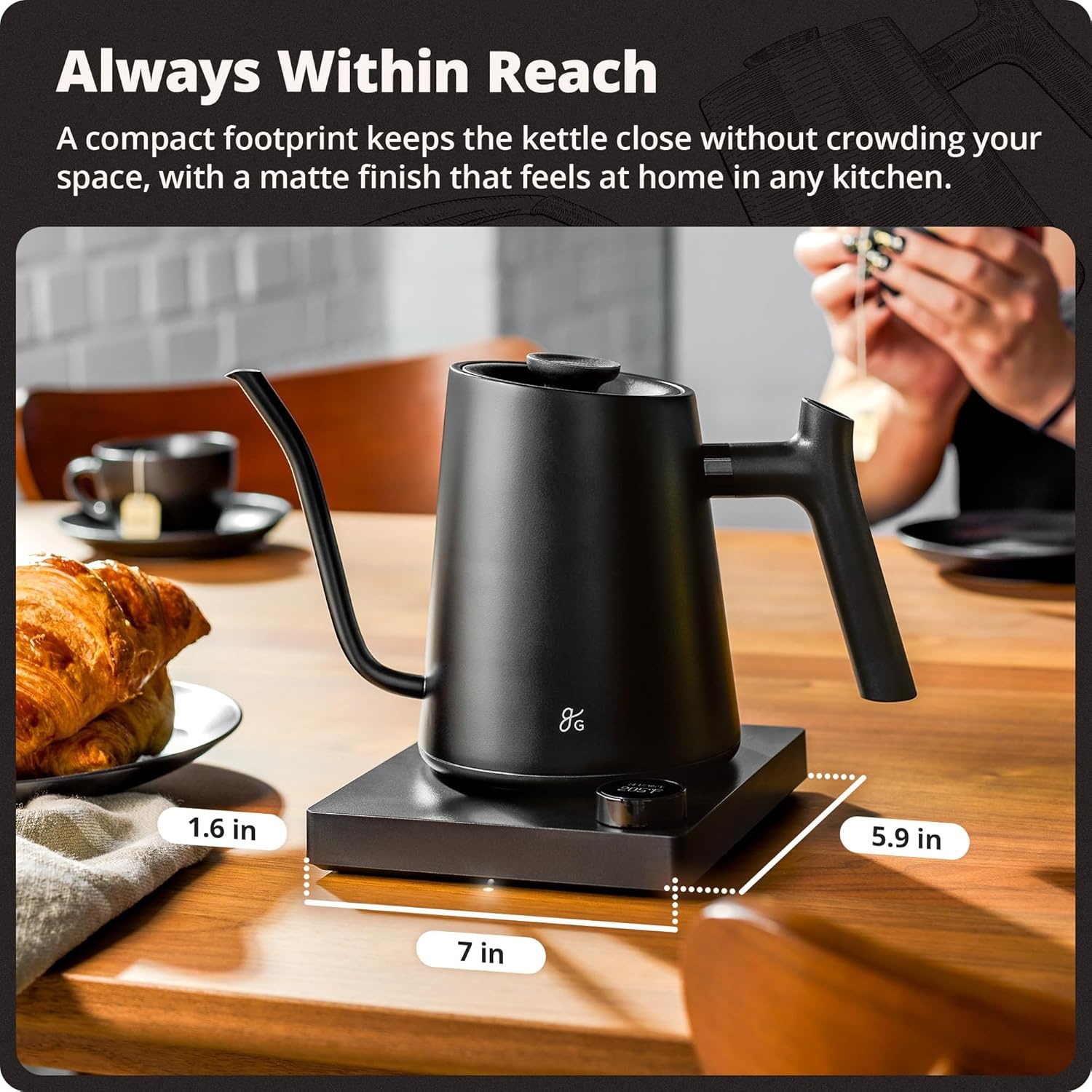 image:imageGreater Goods Electric Gooseneck Kettle 1200W Stainless Steel with Precision Temperature Control Fast Boil BPAFree Ideal for Pour Over Coffee and Tea 08L BirchOnyx Black