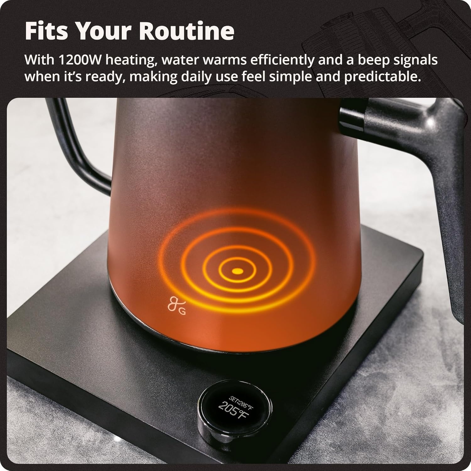 image:imageGreater Goods Electric Gooseneck Kettle 1200W Stainless Steel with Precision Temperature Control Fast Boil BPAFree Ideal for Pour Over Coffee and Tea 08L BirchOnyx Black