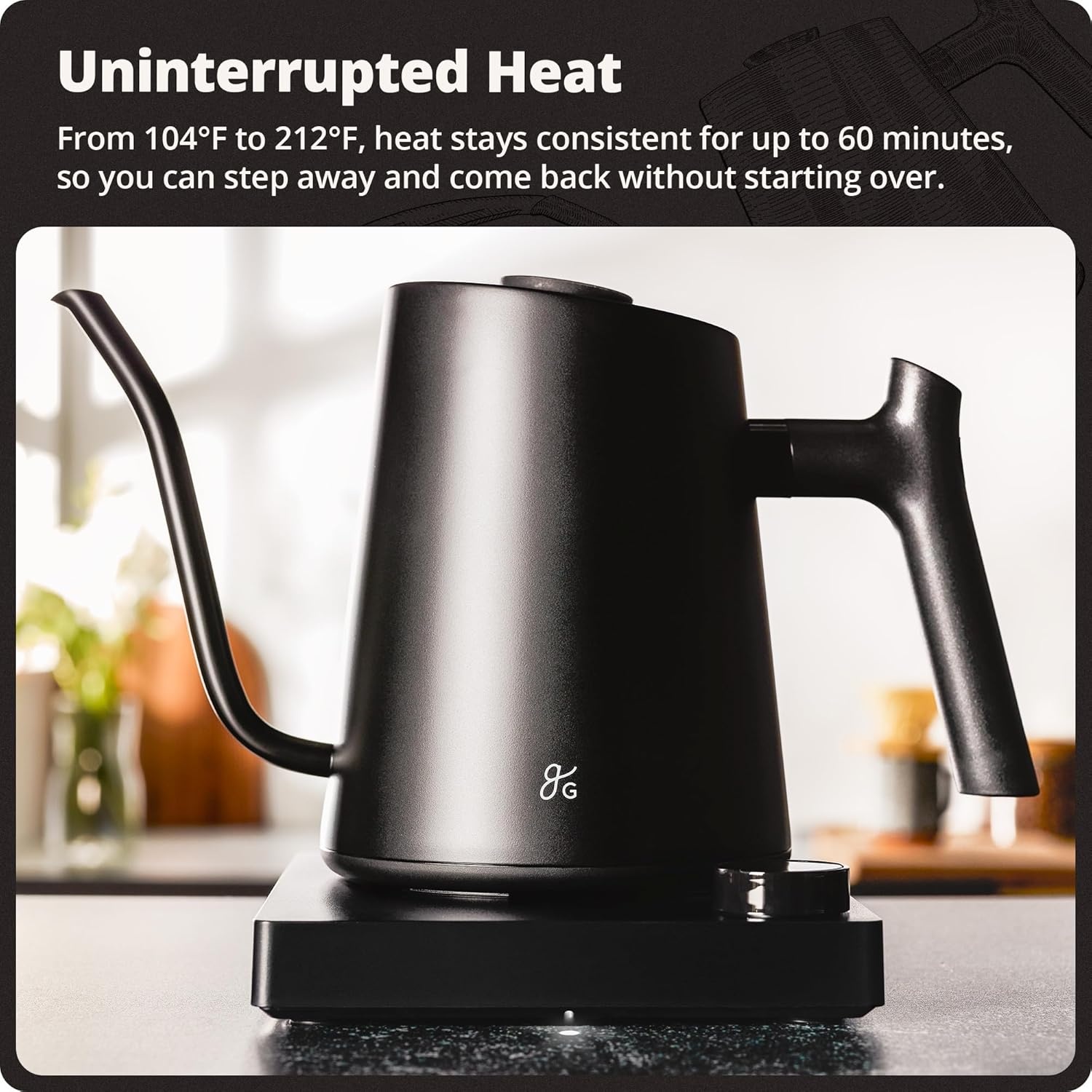 image:imageGreater Goods Electric Gooseneck Kettle 1200W Stainless Steel with Precision Temperature Control Fast Boil BPAFree Ideal for Pour Over Coffee and Tea 08L BirchOnyx Black