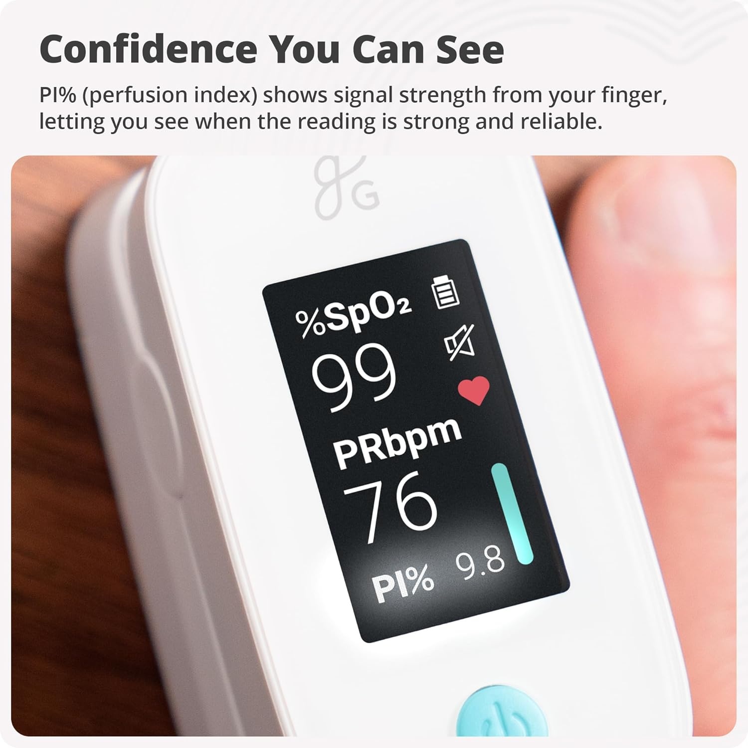 image:imageGreater Goods Finger Pulse Oximeter Blood Oxygen Meter Measures SpO2 Heart Rate and PI Includes Batteries amp Lanyard