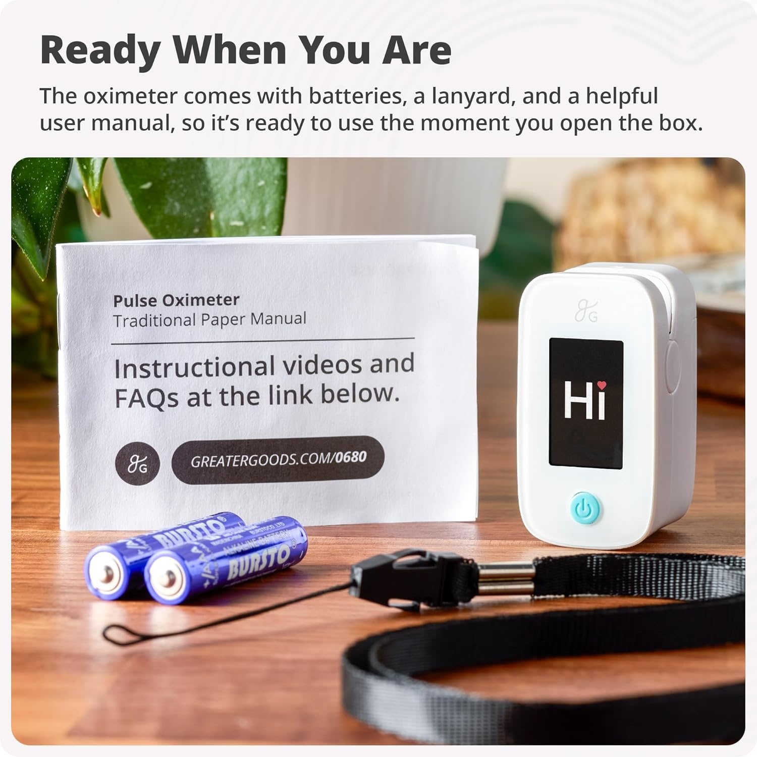 image:imageGreater Goods Finger Pulse Oximeter Blood Oxygen Meter Measures SpO2 Heart Rate and PI Includes Batteries amp Lanyard