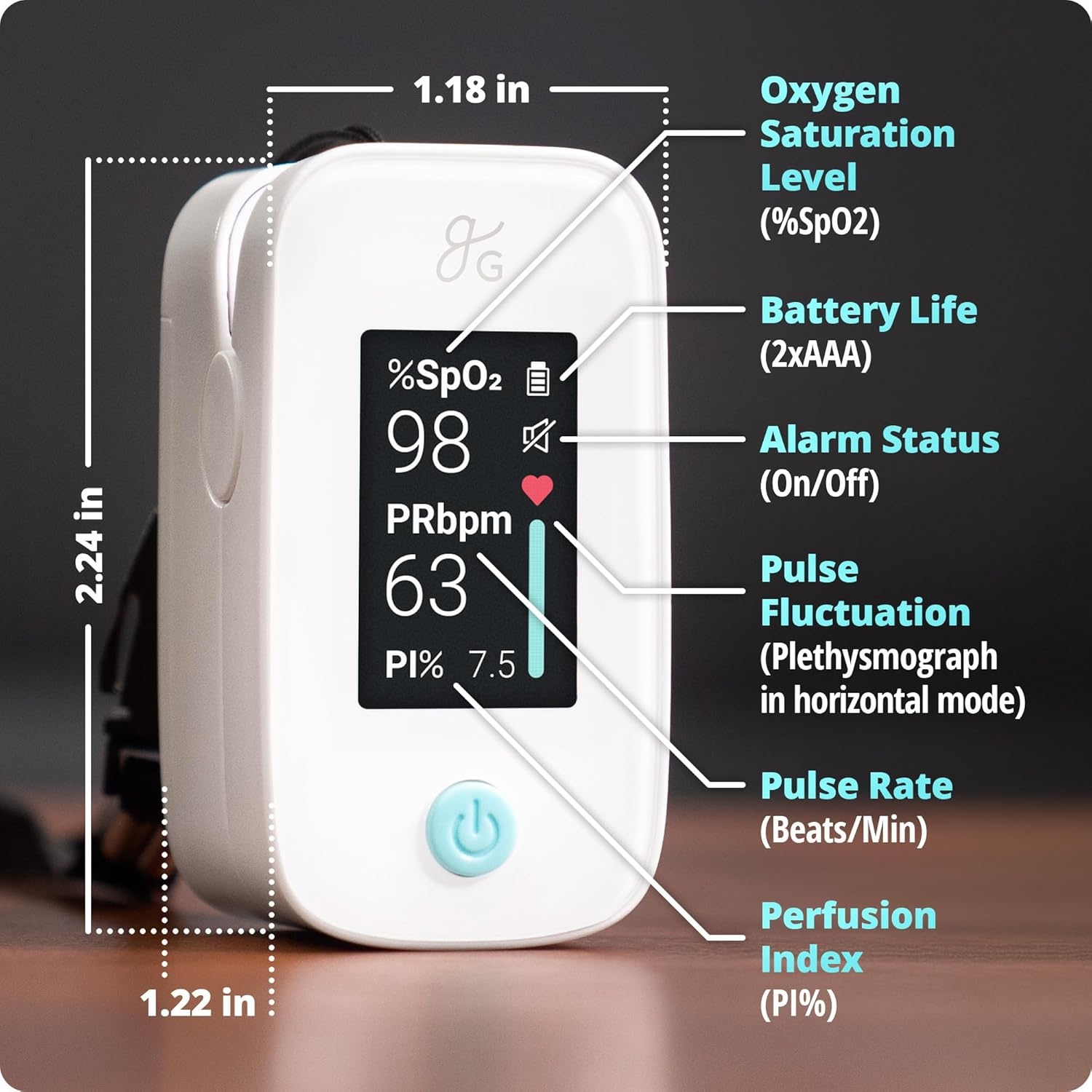 image:imageGreater Goods Finger Pulse Oximeter Blood Oxygen Meter Measures SpO2 Heart Rate and PI Includes Batteries amp Lanyard