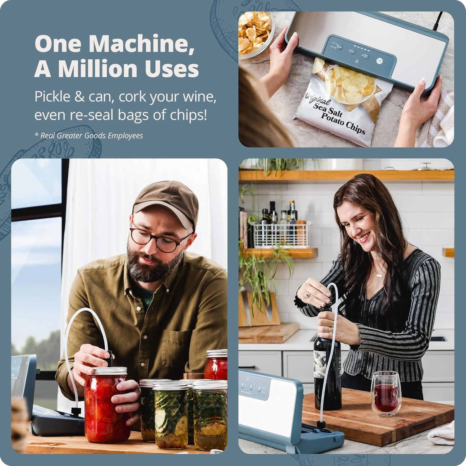 image:imageGreater Goods Vacuum Sealer Powerful Compact with 4in1 Functions Builtin Cutter and Vacuum Seal Bags Ideal for Sous Vide and Food Storage Stone Blue